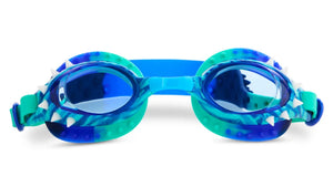 Close-up of Bling2O Dino Dive Swim Goggles with a blue and green dino-spiked frame, bringing a Jurassic flair to your swim. Displayed on a white background.