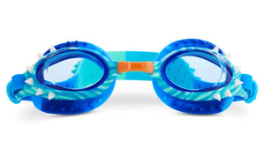 Bling2O Dino Dive Swim Goggles for kids feature a dino-spiked frame with white spikes and an orange nose bridge, adding Jurassic style—perfect for playful swimmers. Shown on a white background.