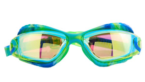 The Bling2O Time to Explore Swim Goggles for kids feature a green and blue design with mirrored yellow lenses, shown from the front on a white background, and are crafted for a comfortable fit.