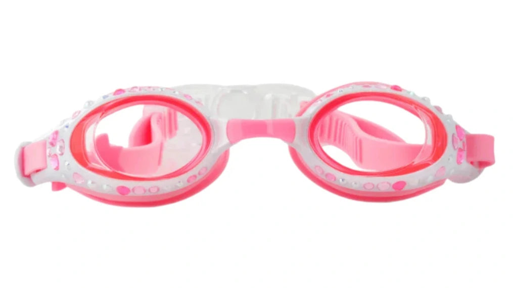 The Bling2O Beautiful Bows Swim Goggles feature pink and white frames, clear lenses, and sparkling rhinestones, shown from the front against a white background.