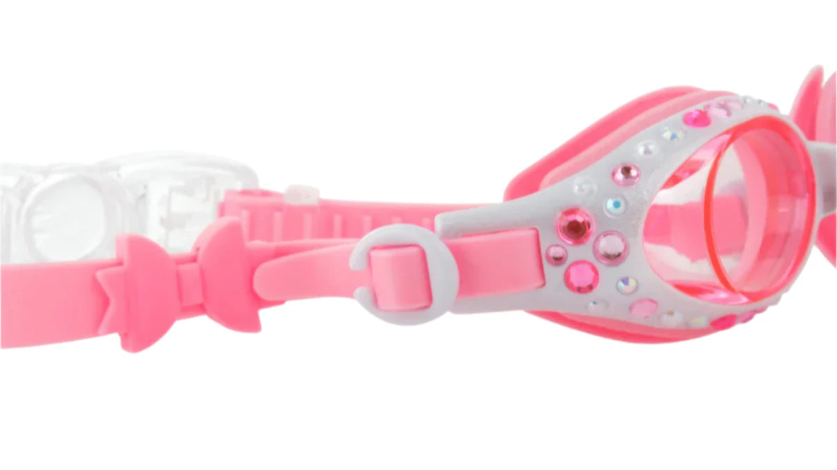 Close-up of Bling2O's Beautiful Bows Swim Goggles, adorned with a pink bow slider, sparkling rhinestones, and cute bow-shaped accents on the strap.