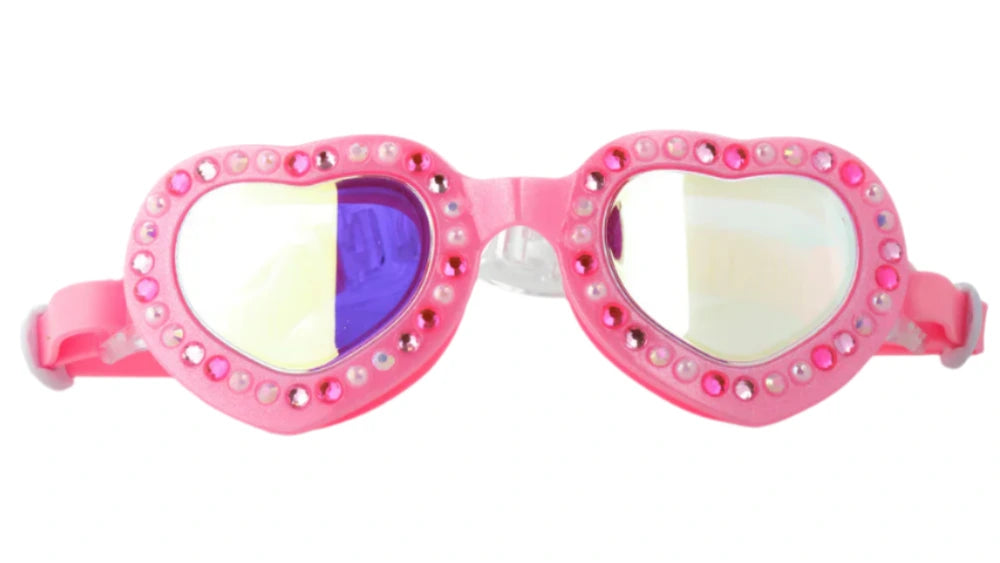 Bling2O Beautiful Bows Swim Goggles feature pink, heart-shaped frames with rhinestones, reflective lenses, and a cute pink bow slider on the adjustable strap.