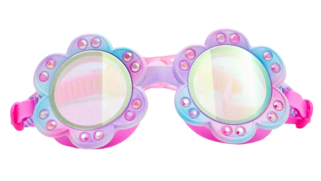 The Bling2O Flower Gardenia Moonflower Swim Goggles feature flower-shaped frames in pastel colors, accented with sparkling gems—making them a playful and eye-catching addition to any kid's swimwear.