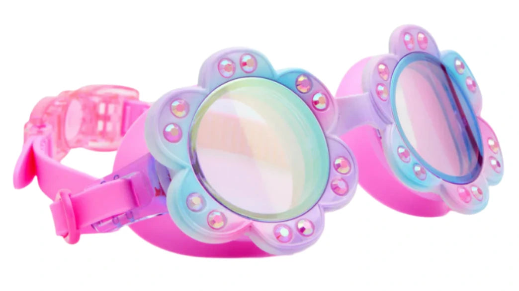 The Bling2O Flower Gardenia Moonflower Swim Goggles feature pink straps, pastel flower-shaped frames, and sparkling rhinestone accents for a fun, floral-inspired look kids will love.