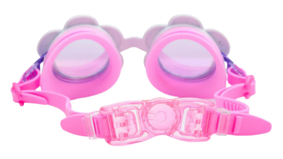 The Bling2O Flower Gardenia Moonflower Swim Goggles feature a floral-inspired design with pink frames, rhinestone accents, adjustable strap, and are shown from the back on a white background.