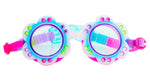 Bling2O Petals Swim Goggles feature a flower-shaped frame in pink, blue, and white with a floral ombre pattern and colorful rhinestones for extra sparkle.