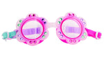 Bling2O Petals Swim Goggles feature a pink flower-shaped frame with multicolored gems, a floral ombre pattern, and an adjustable strap.