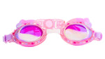 The Bling2O Rainbow Swim Goggles for kids feature pink and purple colors, a whimsical butterfly detail, glitter-infused translucent frames, and adjustable straps, shown against a white background.