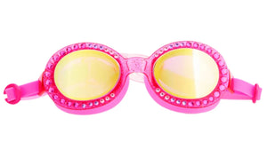 The Bling2O Sparkling Summer Swim Goggles showcase pink frames, yellow-tinted lenses, and playful rhinestones, adding stylish fun for young swimmers. Displayed against a white background.