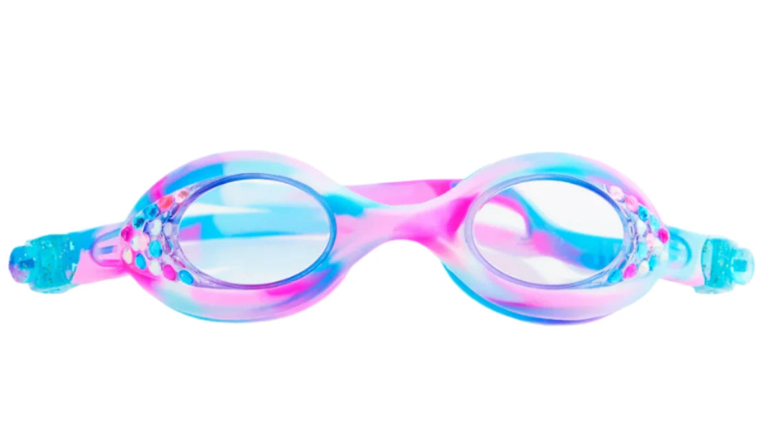The Bling2O Tiny Taffy Swim Goggles feature a blue and pink swirl pattern with decorative rhinestones, perfect for kids who love colorful style in the pool.