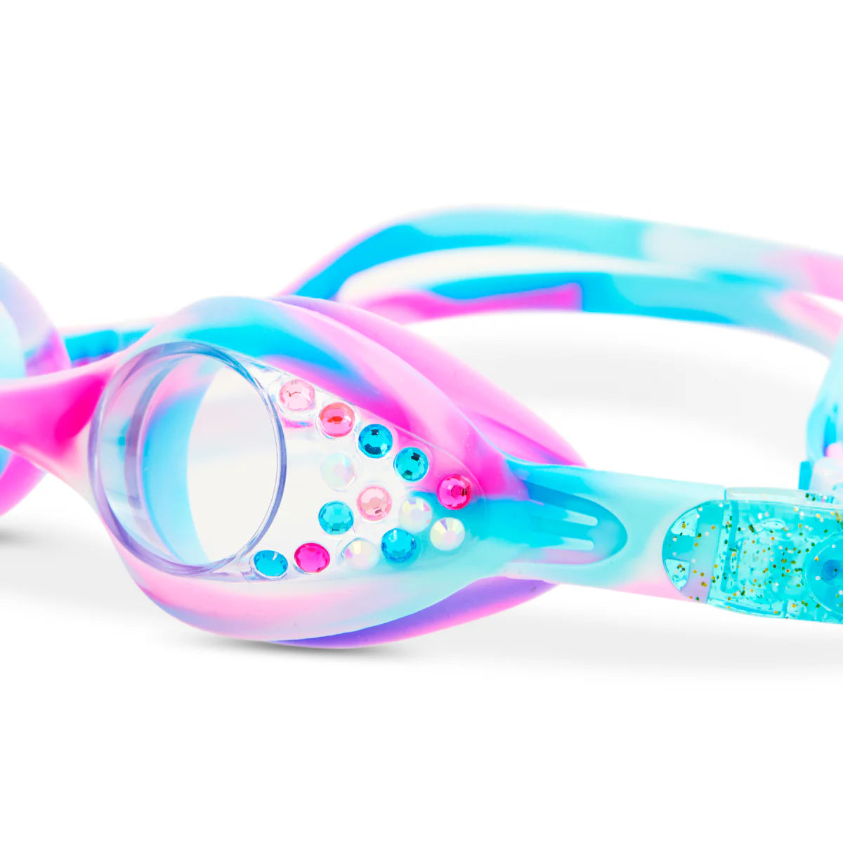 Close-up of Bling2O Tiny Taffy Swim Goggles, showcasing a pink, blue, and white swirled design with sparkling rhinestones on the frame.