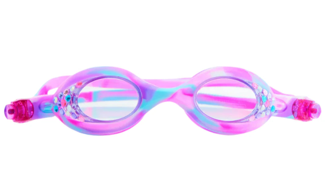 From Bling2O's Tiny Taffy Swim Goggles, these kids' goggles feature pink and blue oval lenses with decorative accents and rhinestones, offering a stylish choice for young swimmers.