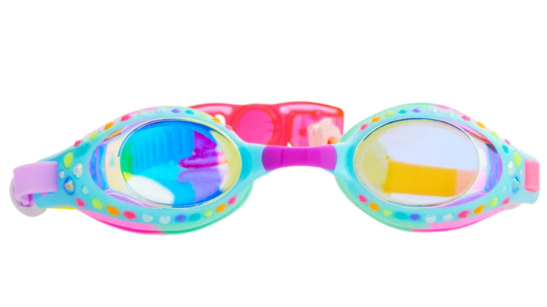 The Bling2O Tropical Rhinestone Swim Goggles feature a patterned frame, tinted lenses, and vibrant shades of blue, pink, purple, and yellow—all set against a crisp white background.