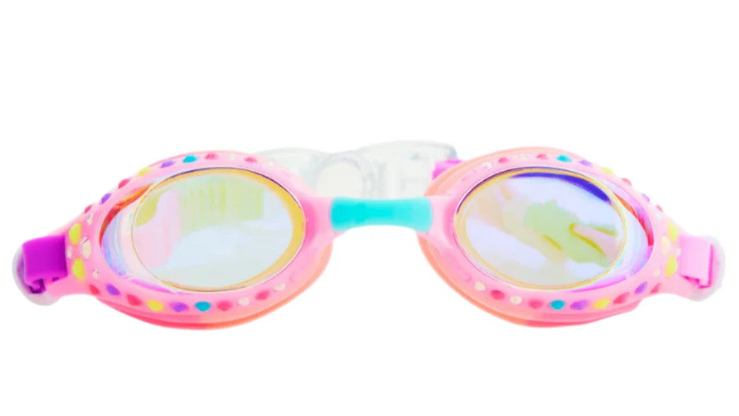 Bling2O Tropical Rhinestone Swim Goggles feature pink frames, colorful polka dots, purple strap ends, and mirrored lenses—ideal for pool days or matching with your favorite beach sliders.