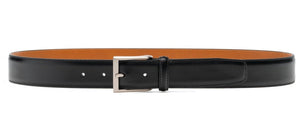 The Viento Belt by Magnanni is crafted from black calfskin leather, featuring a brushed nickel buckle and three visible holes.
