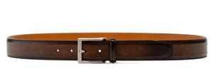 The Viento Belt by Magnanni is a brown calfskin leather belt with a brushed nickel buckle and multiple adjustment holes.