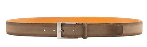 The Telante Belt by Magnanni, featuring a brown suede leather with an antiqued detailing buckle, is displayed against a white background.