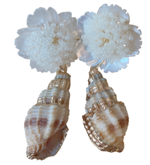 The Bahama Mama Teardrop Earrings by Collected By Farrell feature pearl carved flower tops with clustered beads and gold-accented spiral seashell pendants, offering a truly unique piece.