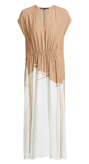 The Ezra Dress by Proenza Schouler is a sleeveless midi dress with a tan top, white skirt, ruched drawstring waist, split neckline, and stylish details.