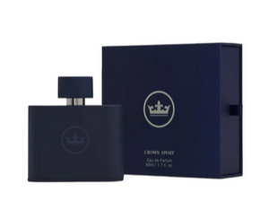 A dark blue 50ML bottle of Peter Millar Crown Sport Eau de Parfum stands by its matching box, both with crown logos and white text—a fresh bergamot-scented cologne perfect for daytime.