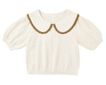 The Rylee & Cru Girls' Pointelle Collared Top features a vintage-inspired cream knit, short puff sleeves, and a wide scalloped crochet lace collar with brown trim.