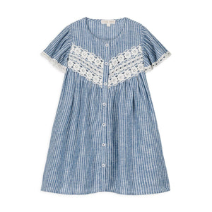 Louise Misha's Girls' Morlina Dress is a blue and white striped short-sleeve dress, made from textured cotton, with a lace panel on the chest and button-down front.