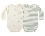 The Quincy Mae Baby Jersey Bodysuit, 2-Pack includes two soft organic long-sleeve bodysuits: one with a cream nature animal print and one with green and white stripes.