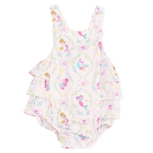 The Angel Dear Baby Girls' Bamboo Ruffle Sunsuit features shoulder straps, side ruffles, and a pastel mermaid and seashell print on breathable fabric—perfect for your little one.