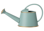 The Maileg Watering Can, Mouse - Light Blue features a long spout, curved handle, and gold trim—perfect for tending to your flowers and plants.