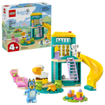 The LEGO® Playground Fun with Bluey and Chloe by Legos - Toyhouse includes 104 pieces to build a playground with a yellow slide, picnic table, and more. Features Bluey and Chloe figures; perfect preschool toy for ages 4+ in colorful packaging.