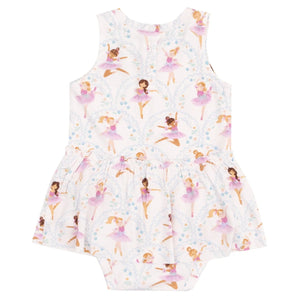The Angel Dear Baby Girls' Bamboo Bodysuit with Skirt features a charming ballerina print on white and is crafted from soft bamboo viscose.