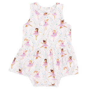The Angel Dear Baby Girls' Bamboo Bodysuit with Skirt is crafted from soft bamboo viscose and features a charming print of ballerinas in pink tutus on a crisp white background.