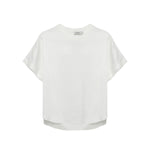 The Simkhai Addy Satin T-Shirt features a relaxed fit with short sleeves and a round neckline, shown against a white background.