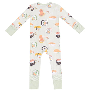 The Angel Dear Baby Sushi 2-Way Zipper Romper is a soft bamboo baby onesie with sushi prints, light green cuffs, and a white background, shown from the back. It meets snug-fitting standards.