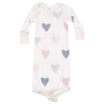 The Angel Dear Baby Girls' Modal Rib Knotted Gown features long sleeves, a cozy knotted bottom, and adorable pink, gray, and blue heart patterns.