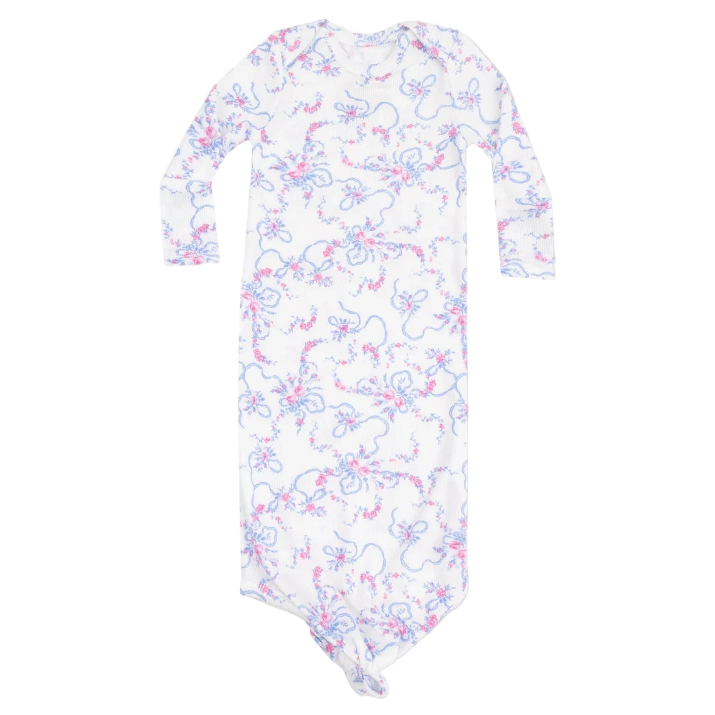 Keep your little one cozy in the Angel Dear Baby Girls' Knotted Gown, made from buttery-soft fabric and featuring charming blue and pink floral bows on a crisp white background.
