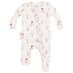 Angel Dear’s Baby Girl's 2-Way Bamboo Ruffle Back Zipper Footie features soft bamboo fabric, a side zipper, ruffle accents, and an adorable pastel ballerina print—perfect for your little one.
