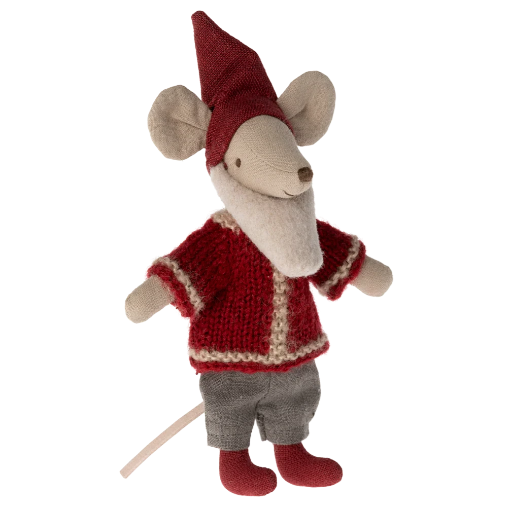 The Maileg Santa Mouse stands upright on a white background, dressed in a red hat, red sweater with white trim, grey pants, and red shoes—ready to spread festive cheer.