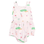 The Angel Dear Baby Girls' Bamboo Golf Things Pink Ruffle Bubble is a pale pink romper with ruffles and shoulder straps, crafted from soft bamboo viscose and adorned with a golf-themed print of clubs, balls, tees, flags, and greens.