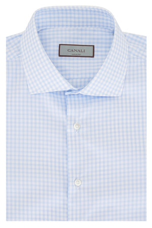 The Canali Sky Blue Check Shirt combines style and comfort with its pure cotton fabric, featuring a light blue checked pattern, pointed collar, and two white buttons.