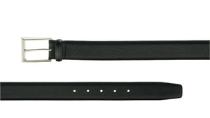 The Rocas Belt by Magnanni is crafted from tumbled black calfskin leather, featuring a silver buckle and multiple adjustment holes. It's perfect for both dress and casual occasions, displayed against a white background.