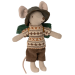 Maileg Hiker Mouse, Big Brother, comes dressed in a patterned sweater, brown shorts, a hat, and a green backpack—an adorable addition to any hiker collection.