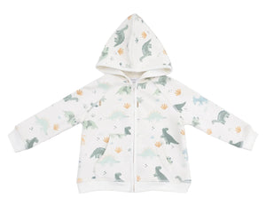 The Angel Dear French Terry Zip Hoodie and Jogger Set for kids features a white zip hoodie with a playful dinosaur print in green, blue, and yellow tones.