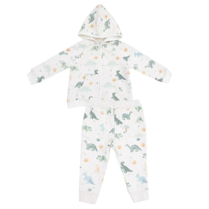 The Angel Dear French Terry Zip Hoodie and Jogger Set for kids features a colorful dinosaur and plant print. This cozy set includes a soft hoodie, ideal for playful days, and is shown on a plain background.