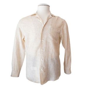 The Canali Neutral Abstract Sport Shirt, a long-sleeved, button-up with a subtle beige botanical pattern, is elegantly presented on a mannequin.