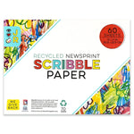 The Bright Stripes Recycled Newsprint Scribble Pad, perfect for dry media creativity, features colorful scribbles on its packaging. It includes 60 sheets of 12 x 9 in paper at 70 GSM and displays a "We Give Back" logo.