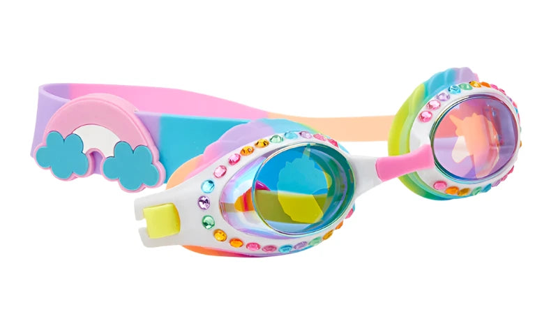 Bling2O’s Eunice the Unicorn Swim Goggles feature anti-fog lenses, rhinestones, a rainbow pattern, and cloud-shaped accents on the strap for colorful underwater fun.