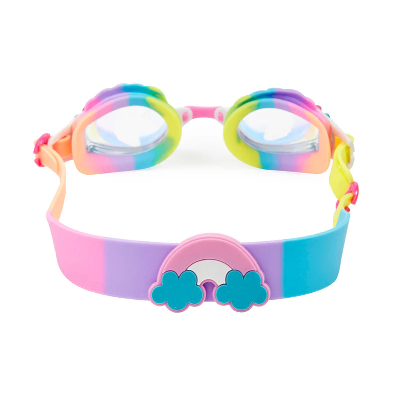 Bling2O’s Eunice the Unicorn Swim Goggles feature a rainbow and cloud strap design with pink, blue, yellow, and purple accents. These kids’ goggles include anti-fog lenses for clear underwater fun.