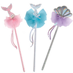 Great Pretenders presents Mermaid Wands: three magical, ocean-themed wands featuring glittery handles and tulle accents. Designs include a pink mermaid tail, a blue mermaid fin, and an iridescent seashell—perfect for kids' under-the-sea adventures!.