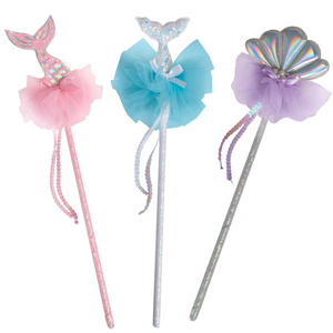 Great Pretenders presents Mermaid Wands: three magical, ocean-themed wands featuring glittery handles and tulle accents. Designs include a pink mermaid tail, a blue mermaid fin, and an iridescent seashell—perfect for kids' under-the-sea adventures!.